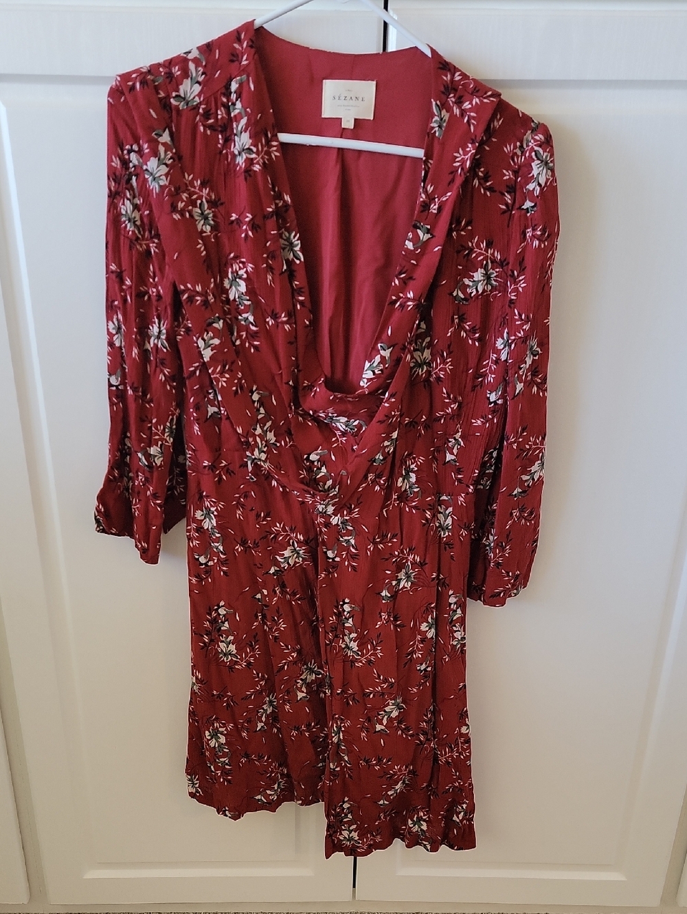 Sezane wine/burgundy autumn floral 3/4 sleeve wrap dress *shop@iamwarrior
